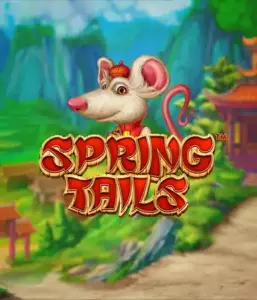 An enchanting illustration of a white rat dressed in traditional Chinese attire positioned in front of a vibrant mountain backdrop. The image is for the Spring Tails Slot by Betsoft, highlighted with bold red and gold logo lettering.